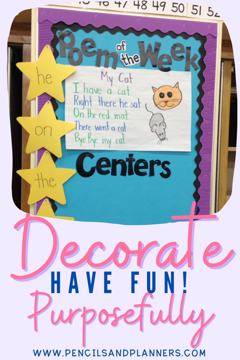 spotlight image of a poem of the week bulletin board with a double scalloped borders, black border on the bottom, purple border on top, sight word stars are hanging along the left with the word he, on, the on them and a poem called My Cat pinned on the board, text overlay says  have fun decorate purposefully, this section provides bulletin board ideas for classroom setup