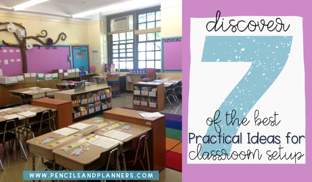 left side of image is a picture of an empty, set up classroom, rug, groups of 4 desks, some bulletin boards, and windows can be seen, on the right is the title of the blog post