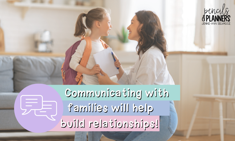 mom in a white shirt and denim jeans smiling at her little girl who is a ponytail and a white shirt with denim jeans while holding a notebook and pen talking to her mom text says communicating with families will help build relationship