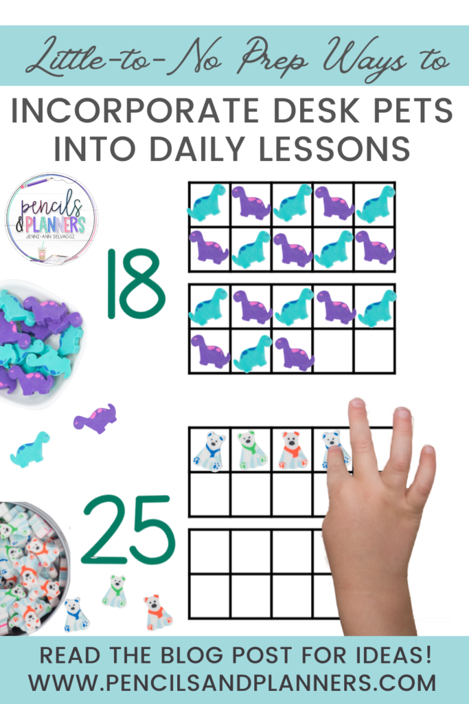 student hand using dinosaur mini erasers to fill in two ten frames to show eighteen and using polar bear mini erasers as the child is filling up the two ten frames for the number twenty five