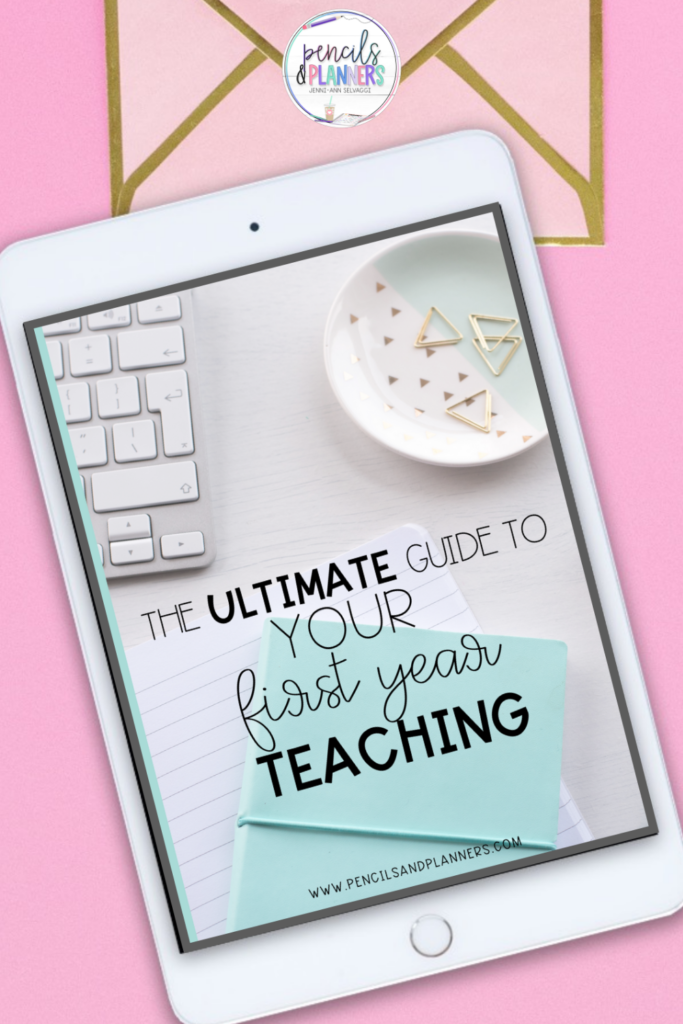 pink background with a pink envelope lined in gold ipad mockup with the cover of the ultimate guide to your first year teaching on the ipad screen