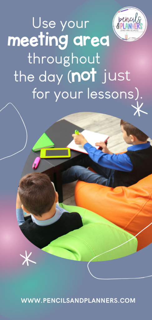 2 students sitting at a low black table on two bean bag chairs one orange and one lime green text overlay states use your meeting area throughout the day not just for your lessons