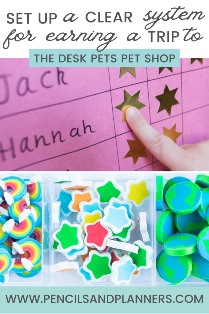 a closeup photo of a sticker chart and rainbow, star, and earth mini erasers with the text set up a clear system for earning a trip to the desk pet shop