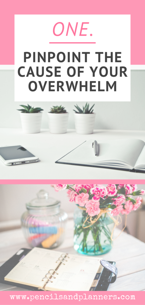 heading says one pinpoint the cause of your overwhelm and the top image is of a clear desk with just a cell phone blank notebook pen and 3 succulent plants and the bottom image is of a desk with a small planner a mason jar of small flowers and a jar with highlighters 