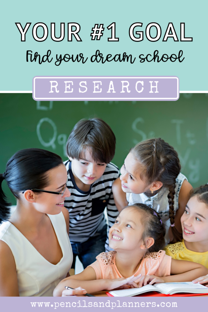 text at the top of the image says your #1 goal find your dream school research the image is of a teacher with dark brown hair and glasses smiling at 1 boy and 3 girls