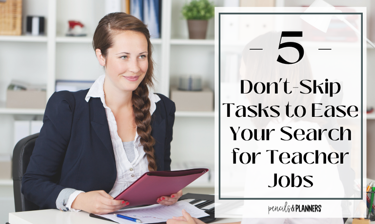 young women with strawberry blond hair holding a maroon folder and smiling at another woman, title on the right side of the image that says 5 don't skip tasks to ease your search for teacher jobs