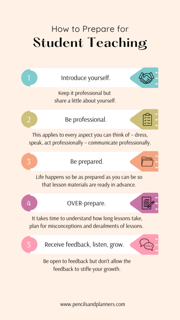 Simple list of 5 ways to prepare for student teaching.  Introduce yourself, be professional, be prepared, over-prepare, and receive feedback, listen, grow