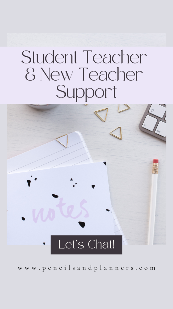 a notebook with the cover that says notes in a very light pink, triangle paper clips, and a pencil, the heading says student teacher and new teacher support, underneath the photo says let's chat