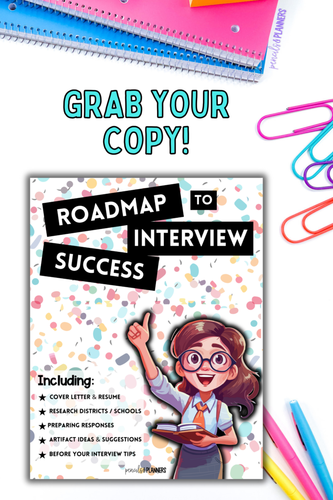 pink and blue spiral notebooks, colorful paper clips, and pink blue yellow flair pens with the cover for your roadmap to interview success guide
