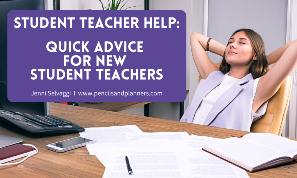 Female teacher sitting at desk with notebook/planner open, papers, her cellphone and a pen, she is leaning back with her hands behind her head like she is smiling with a sigh of relief in front of her computer