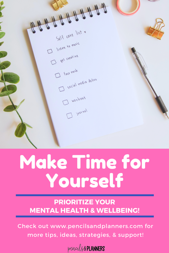 self care checklist on a desk with a pen, binder clip, and a plant