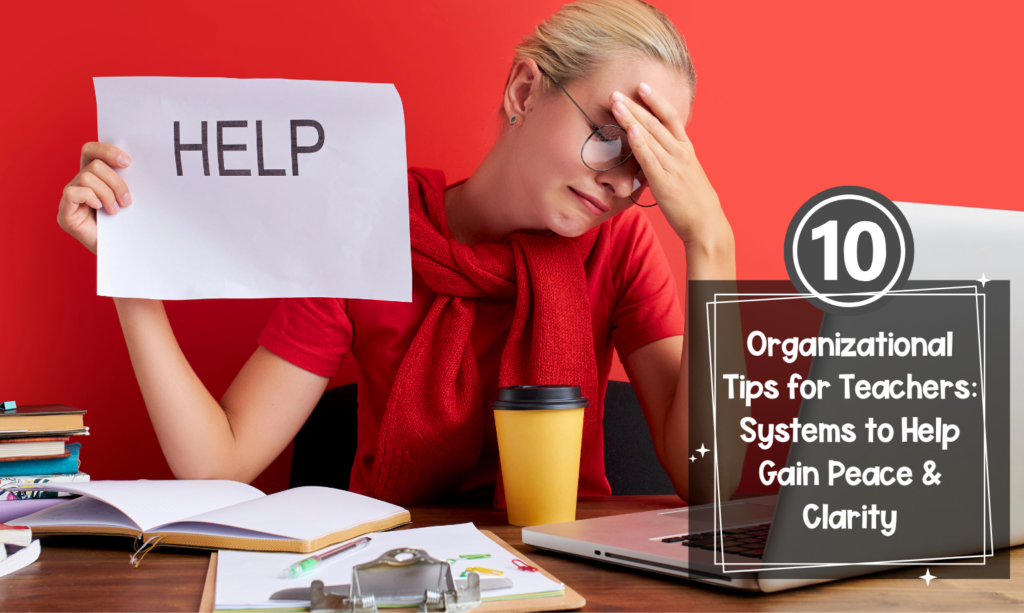 blond teacher at her desk surrounded by piles of books, clipboard, an open laptop, and she is holding up a paper with the word HELP typed in all capital letters