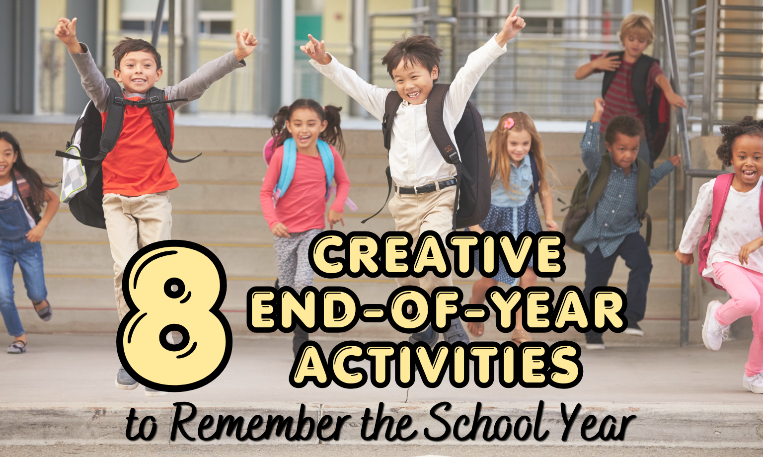 Children happily jumping and running from the front stairs and doorway of a school building