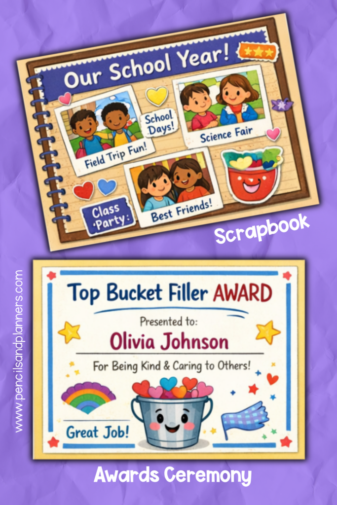 a colorful graphic showing two end-of-year classroom activities -- a scrapbook-style page titled “Our School Year!” with cartoon photos labeled “Field Trip Fun!”, “Science Fair,” “Best Friends!”, and “Class Party,” decorated with hearts and stickers. Below is a bright award certificate titled “Top Bucket Filler Award,” presented to “Olivia Johnson” for being kind and caring, featuring a smiling bucket filled with hearts, a rainbow, stars, and playful classroom-themed illustrations