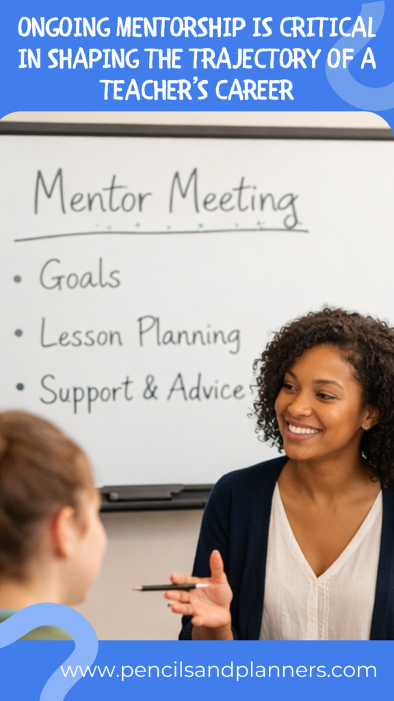 mentor meeting agenda in the background on a dry erase board and says goals, lesson planning, and support and advice, mentor is smiling