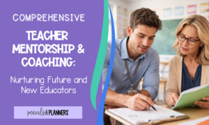 Male new teacher working with older mentor, looking at paperwork.