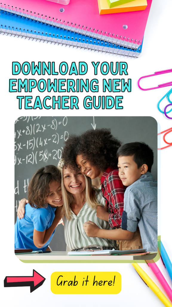 teacher sitting at her desk with children around her as they smile and hug her