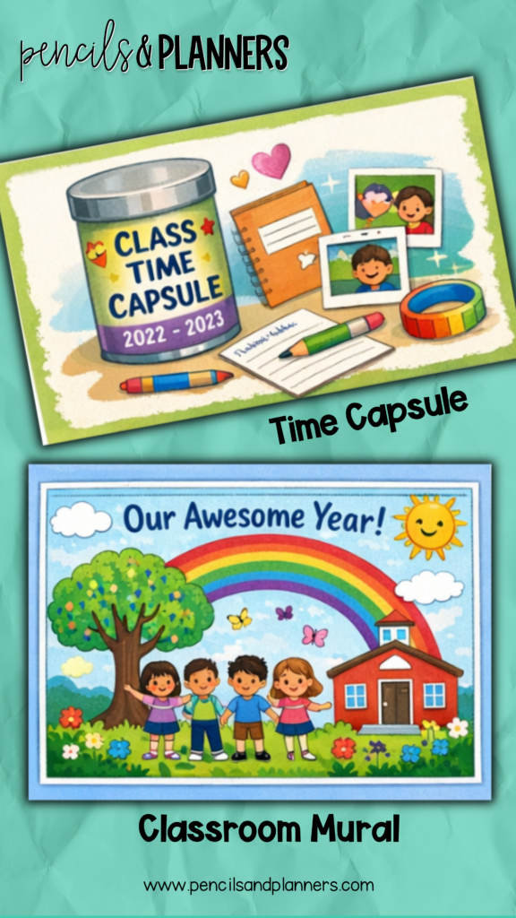 a colorful educational graphic featuring two end-of-year classroom ideas. The top image shows a “Class Time Capsule 2022–2023” container surrounded by student photos, a notebook, pencils, and keepsakes. The bottom image shows a cheerful classroom mural titled “Our Awesome Year!” with four children standing under a rainbow near a tree and a school, with flowers, butterflies, and a smiling sun